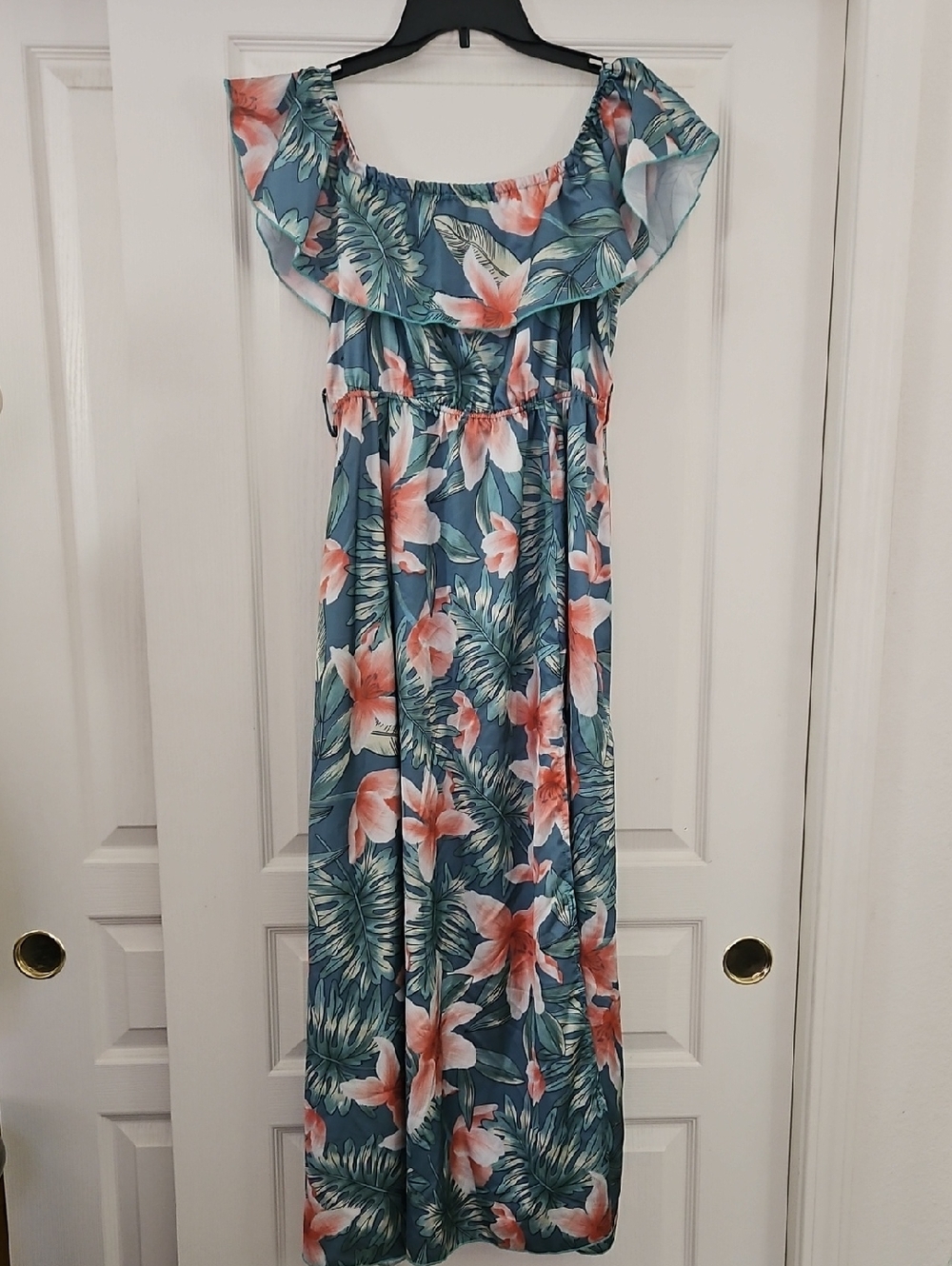 SHEIN | Green/ Blue Tropical Floral Off-Shoulder Maxi Dress Front Slit Size L